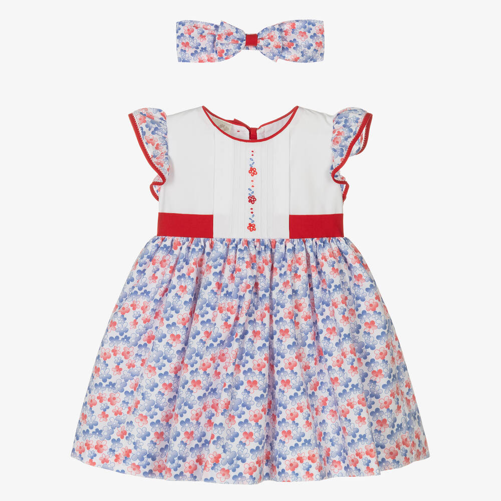 Pretty Originals - طقم فستان مزيج قطن بوبلين لون أبيض وأزرق بطبعة ورود | Childrensalon