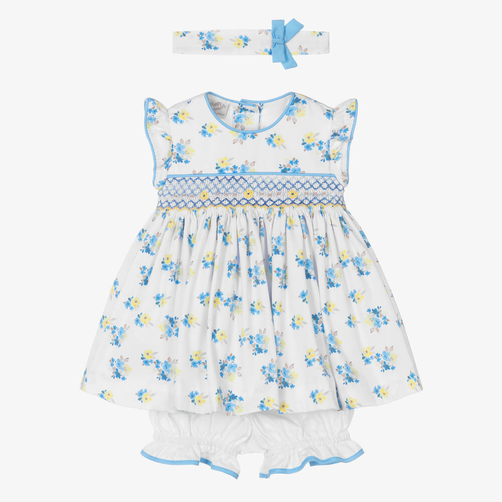 Pretty Originals - طقم فستان مطرز سموكينغ قطن لون أبيض وأزرق | Childrensalon