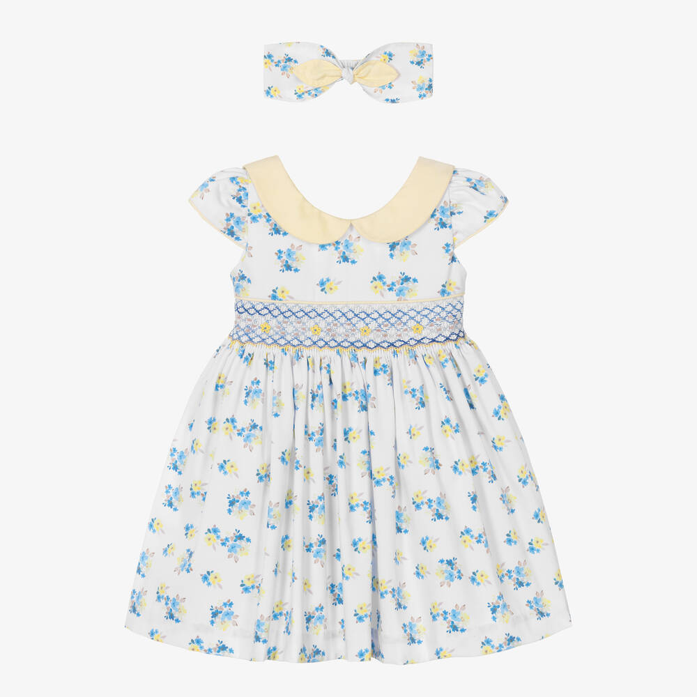 Pretty Originals - Girls White & Blue Hand-Smocked Dress Set | Childrensalon