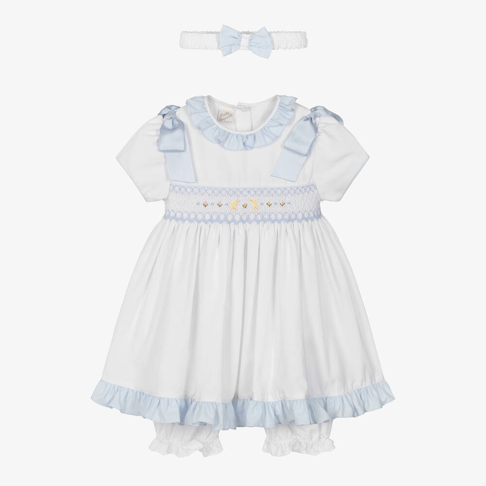 Pretty Originals - طقم فستان مطرز سموكينغ مزيج قطن أبيض وأزرق | Childrensalon