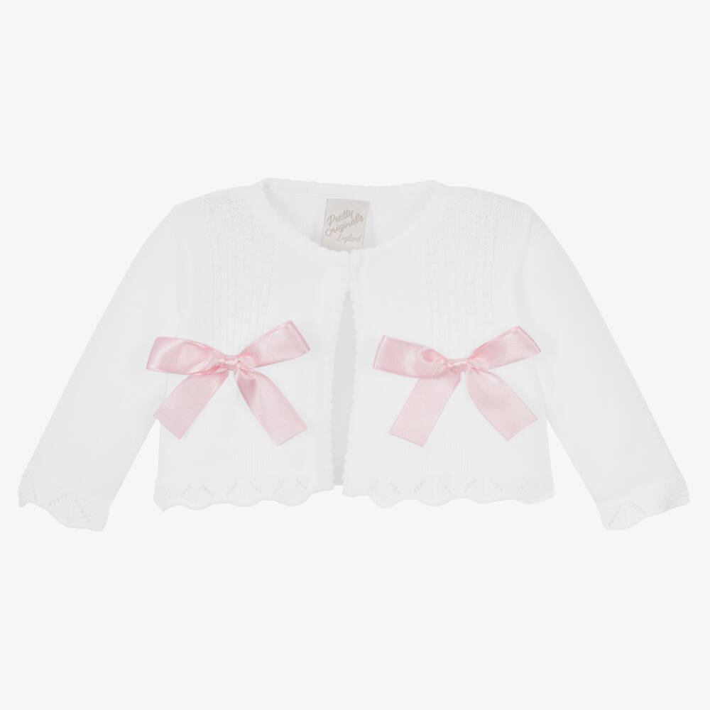 Pretty Originals - Girls White Cotton Knit Cardigan | Childrensalon