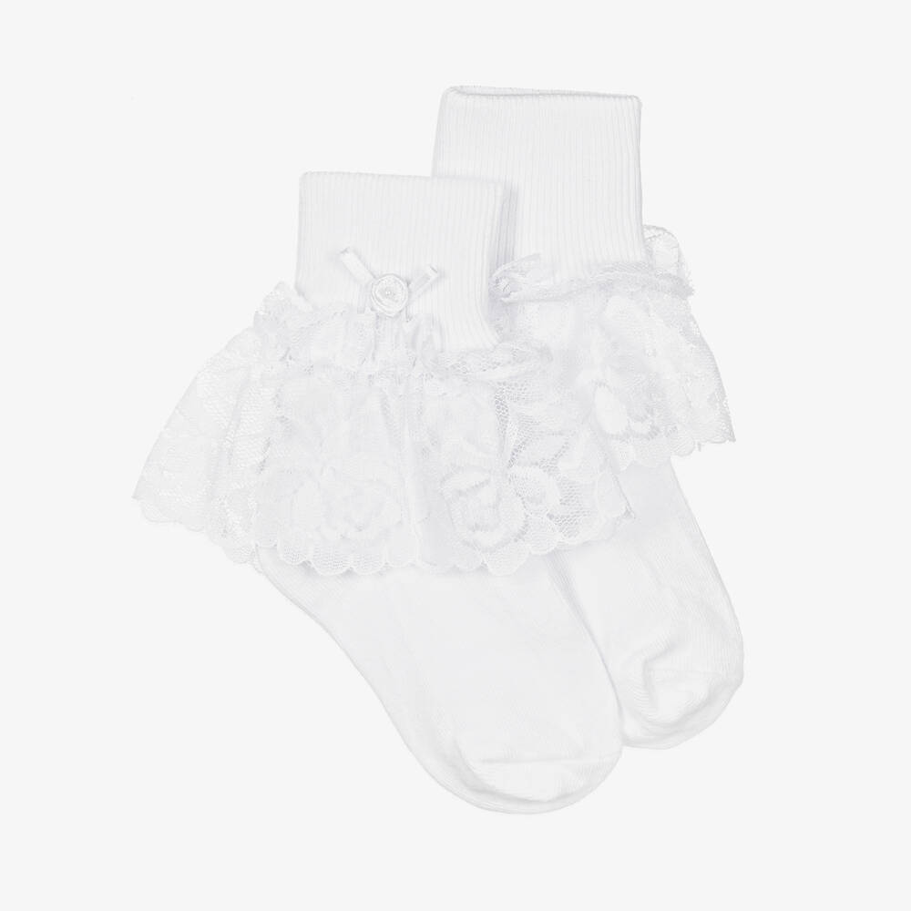 Pretty Originals - Girls White Cotton & Lace Socks | Childrensalon