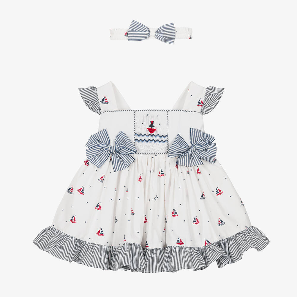 Pretty Originals - Girls White Nautical Cotton Dress Set | Childrensalon