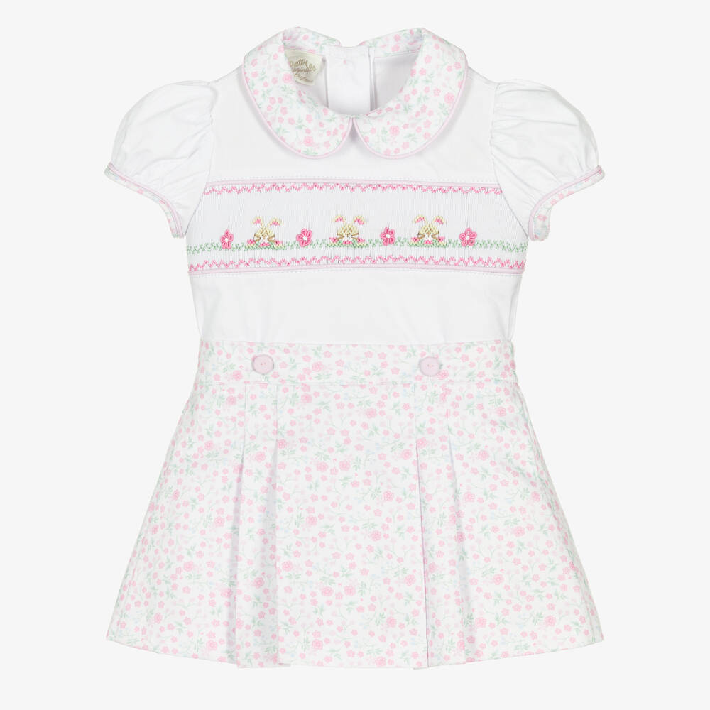 Pretty Originals - Girls White & Pink Cotton Floral Skirt Set | Childrensalon