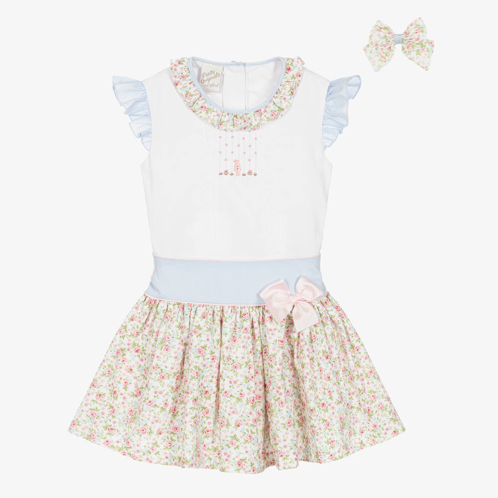 Pretty Originals - طقم تنورة قطن لون أبيض وزهري بطبعة ورود | Childrensalon