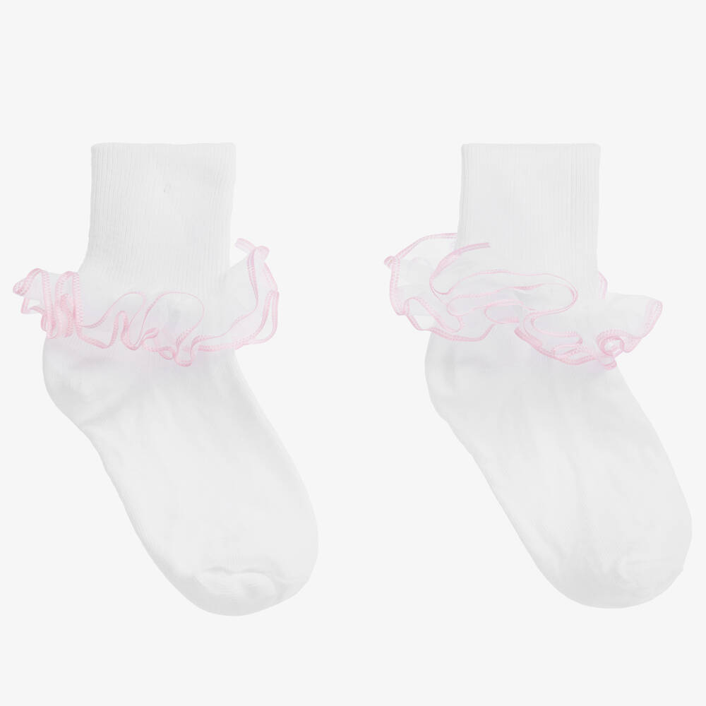Pretty Originals Babies' Girls White & Pink Frilly Ankle Socks