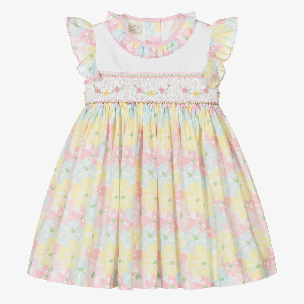 Pretty Originals Kids' Girls White & Pink Smocked Floral Dress