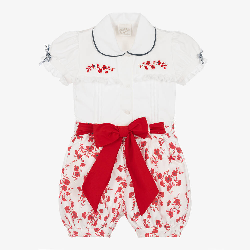 Pretty Originals - Girls White & Red Floral Cotton Buster Suit | Childrensalon