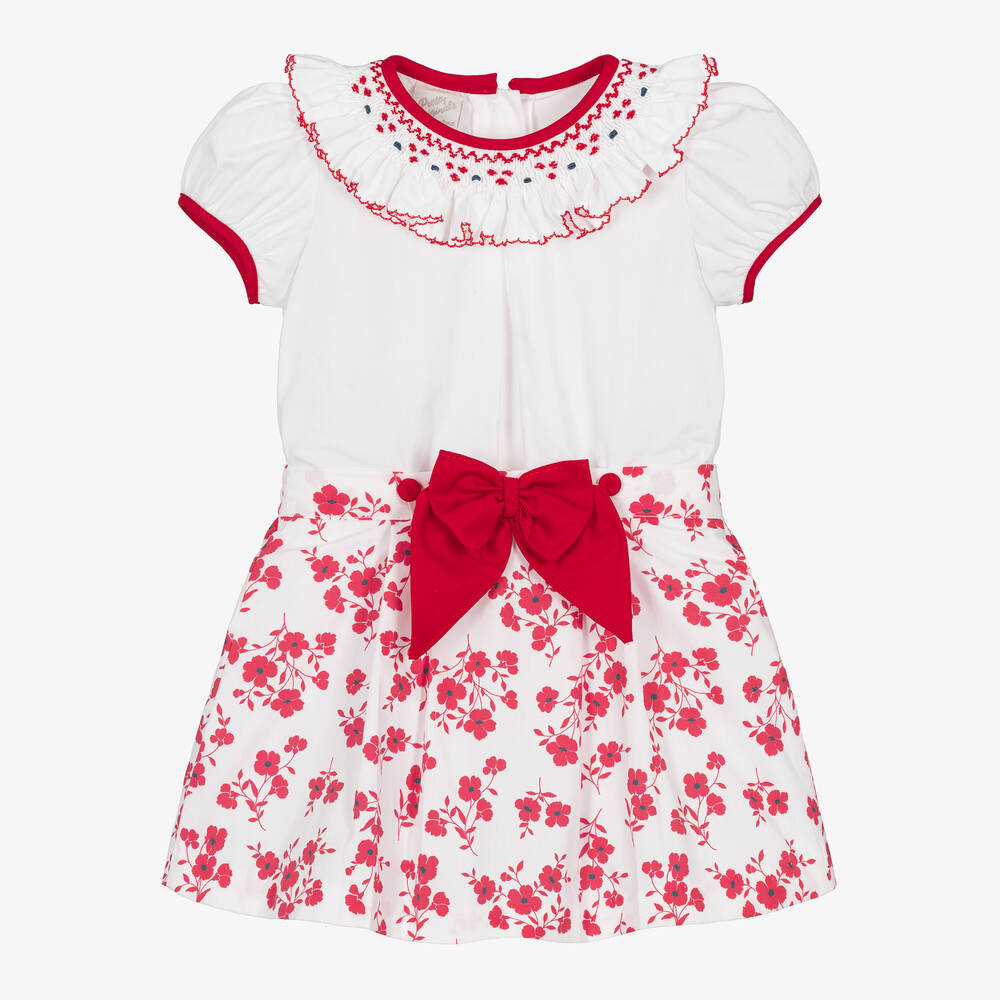 Pretty Originals - Girls White & Red Hand-Smocked Skirt Set | Childrensalon