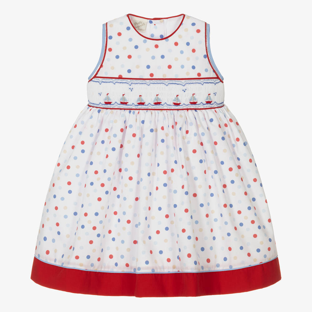 Pretty Originals Kids' Girls White Smocked Polka Dot Dress
