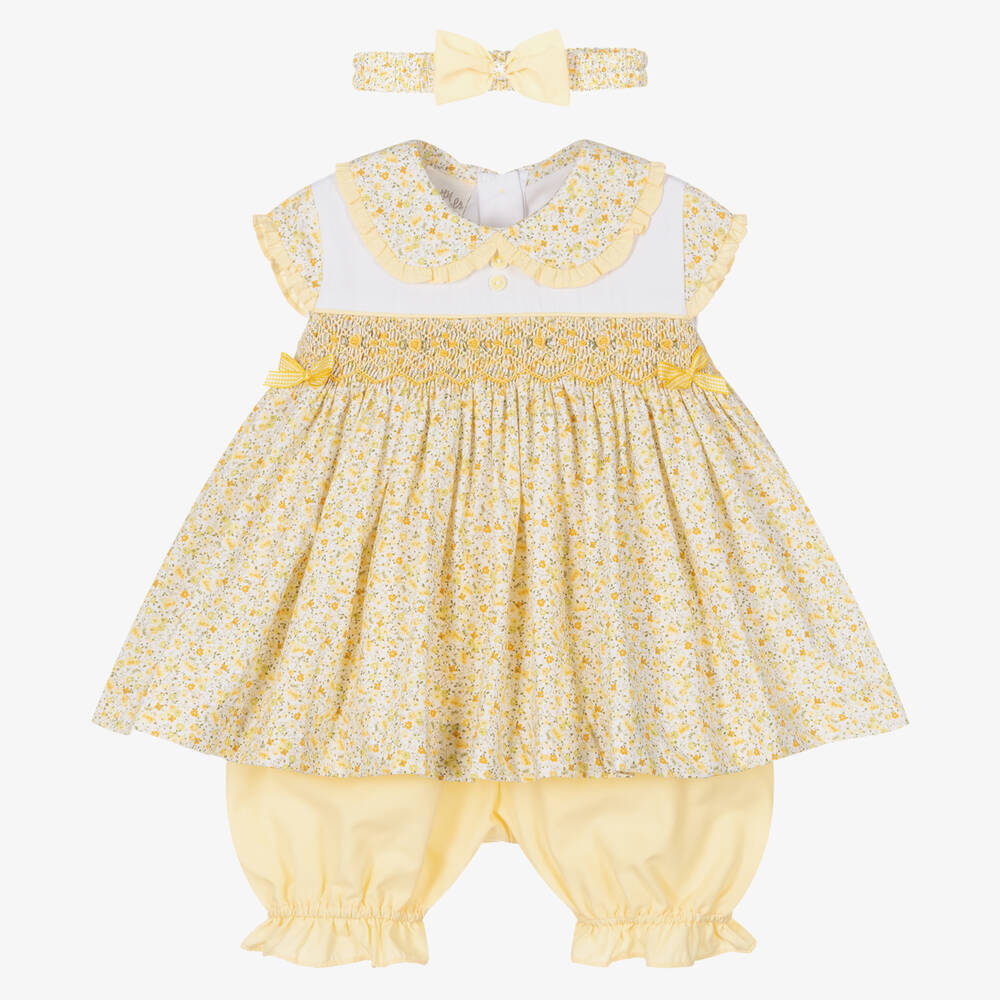 Pretty Originals Babies' Girls Yellow Floral Cotton Dress Set