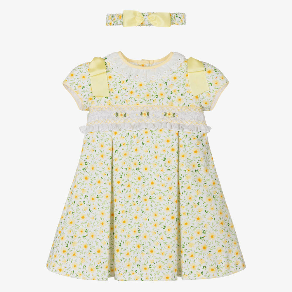 Pretty Originals Babies' Girls Yellow Floral Smocked Dress Set