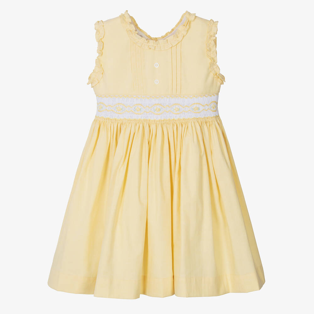 Pretty Originals - فستان مطرز سموكينغ قطن لون أصفر | Childrensalon