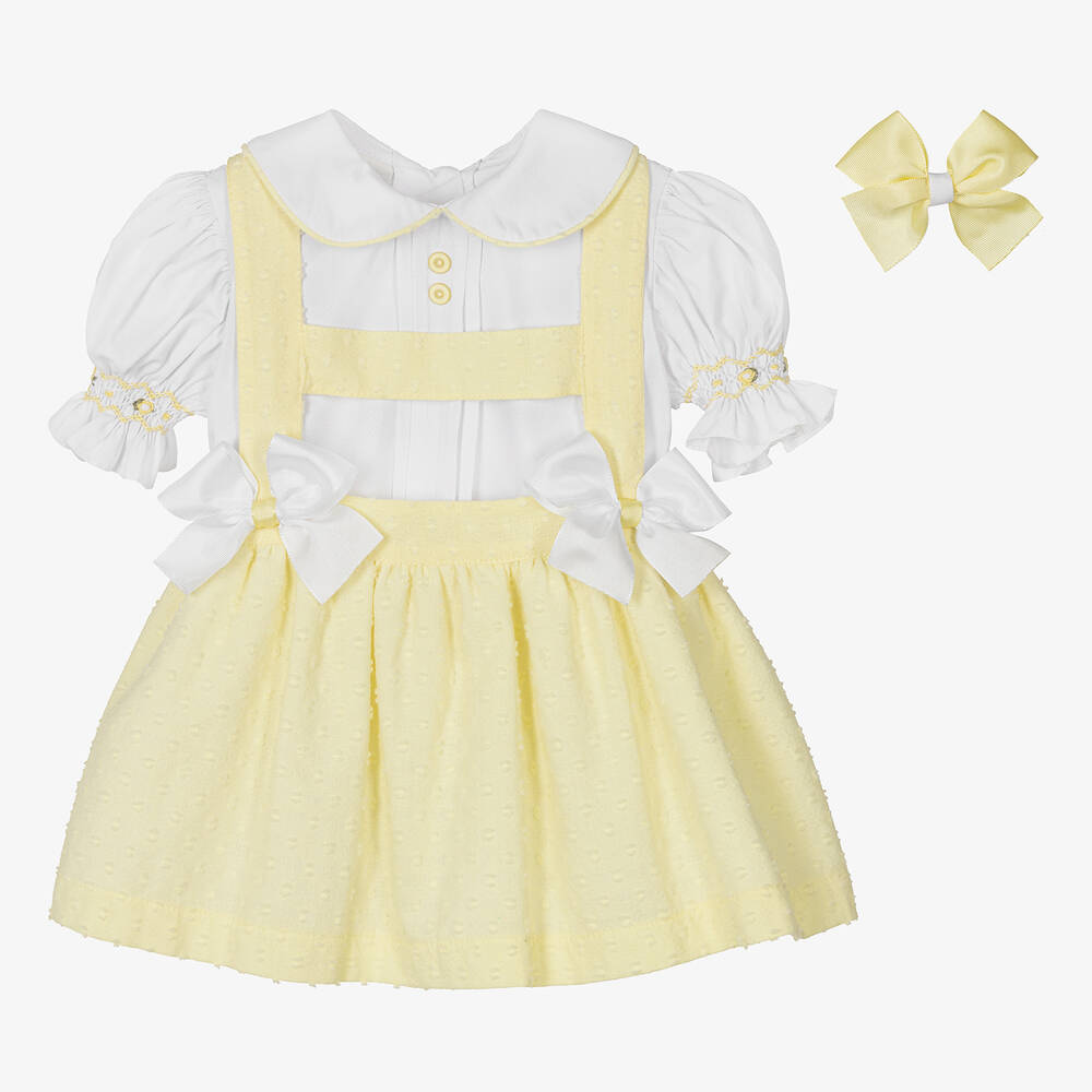Pretty Originals Babies' Girls Yellow Hand-smocked Plumetis Skirt Set