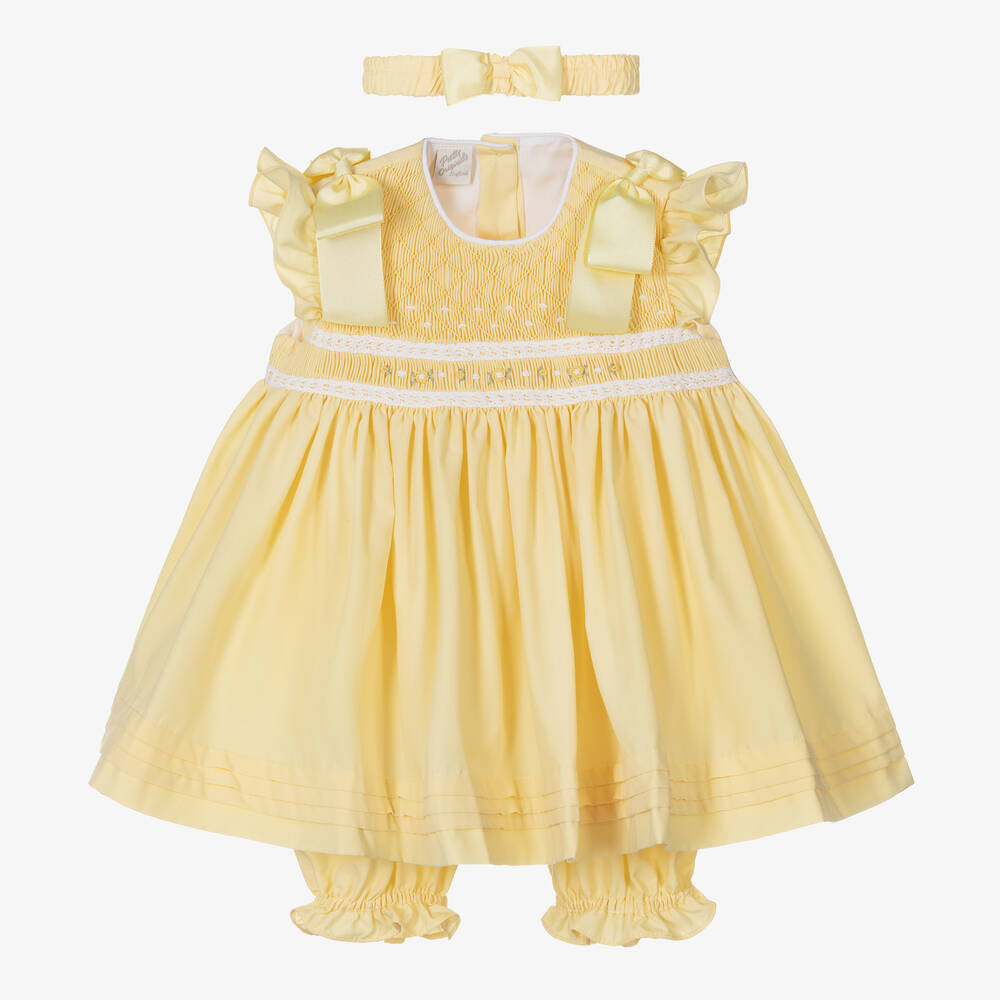 Pretty Originals - Girls Yellow Smocked Cotton Dress Set | Childrensalon