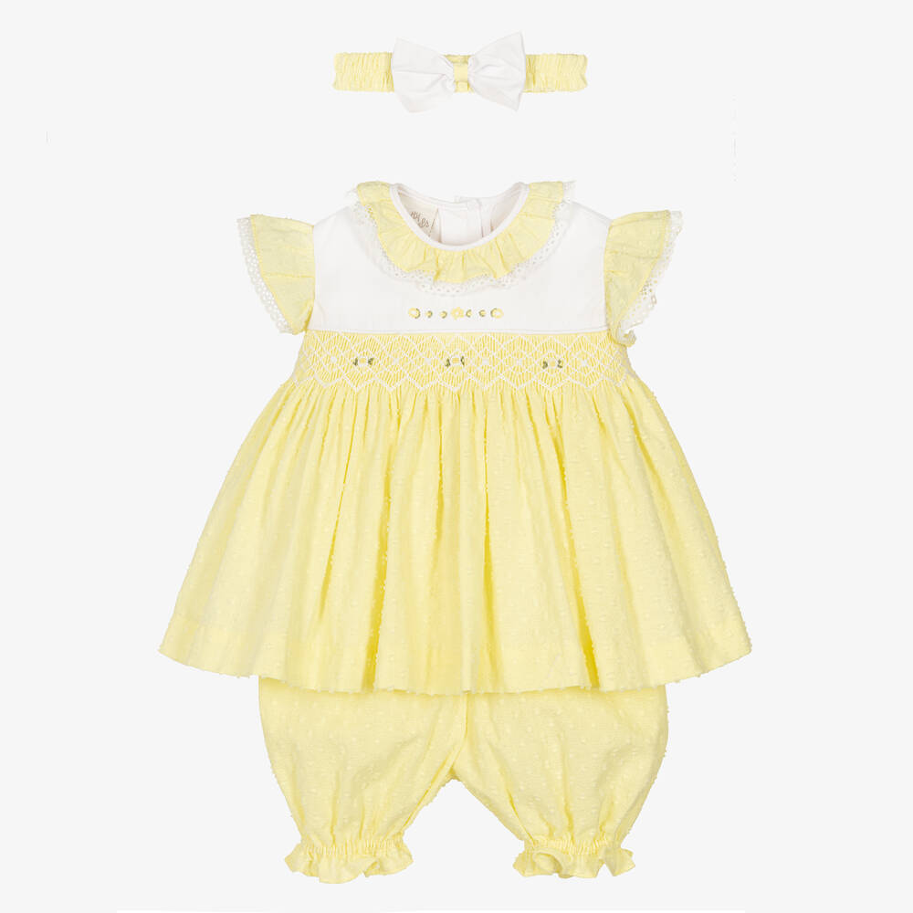 Pretty Originals - طقم فستان مطرز سموكينغ قطن لون أصفر | Childrensalon
