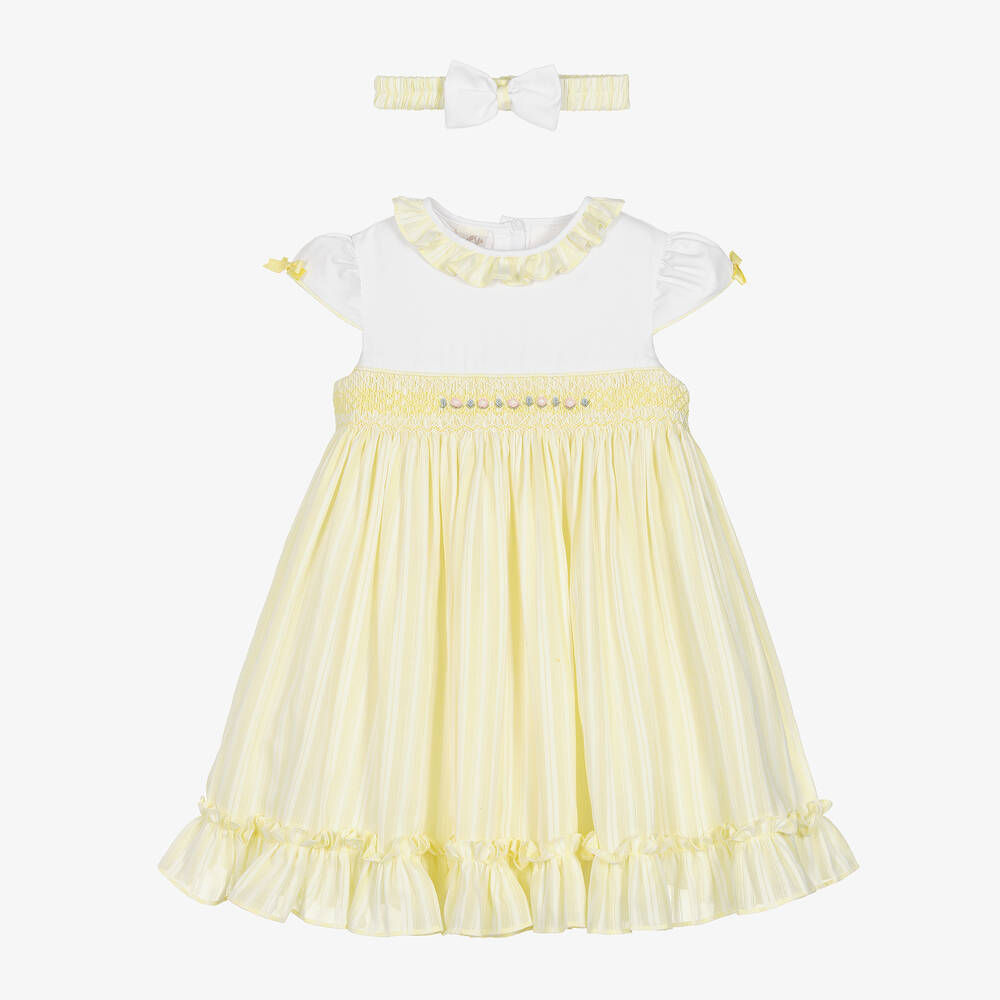 Pretty Originals - Girls Yellow Striped & Smocked Dress Set | Childrensalon