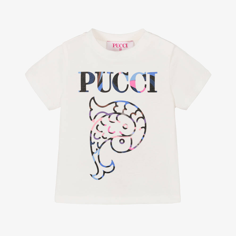 PUCCI - Baby Girls Ivory Cotton Onde T-Shirt | Childrensalon