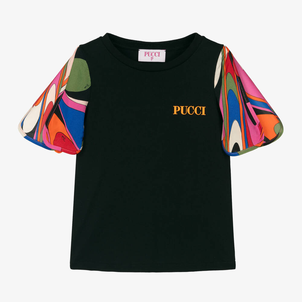 PUCCI - Girls Black Cotton Onde Print T-Shirt | Childrensalon