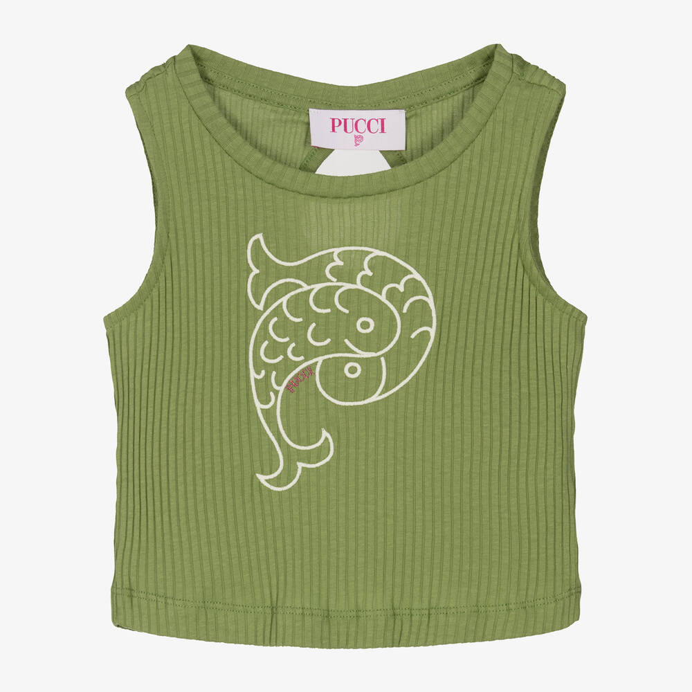 PUCCI - Girls Green Fish Logo Top | Childrensalon