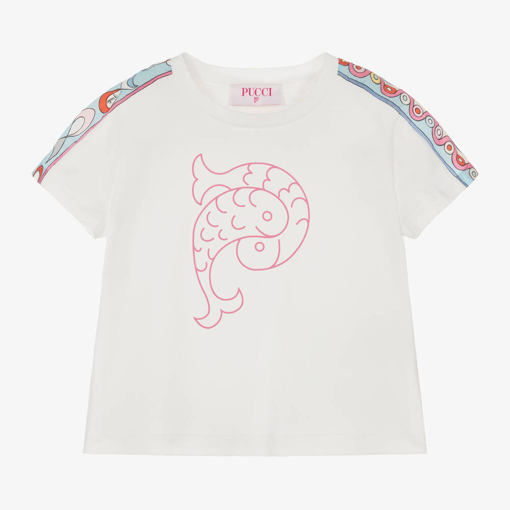PUCCI - Girls Ivory Cotton Pesci & Onde T-Shirt | Childrensalon