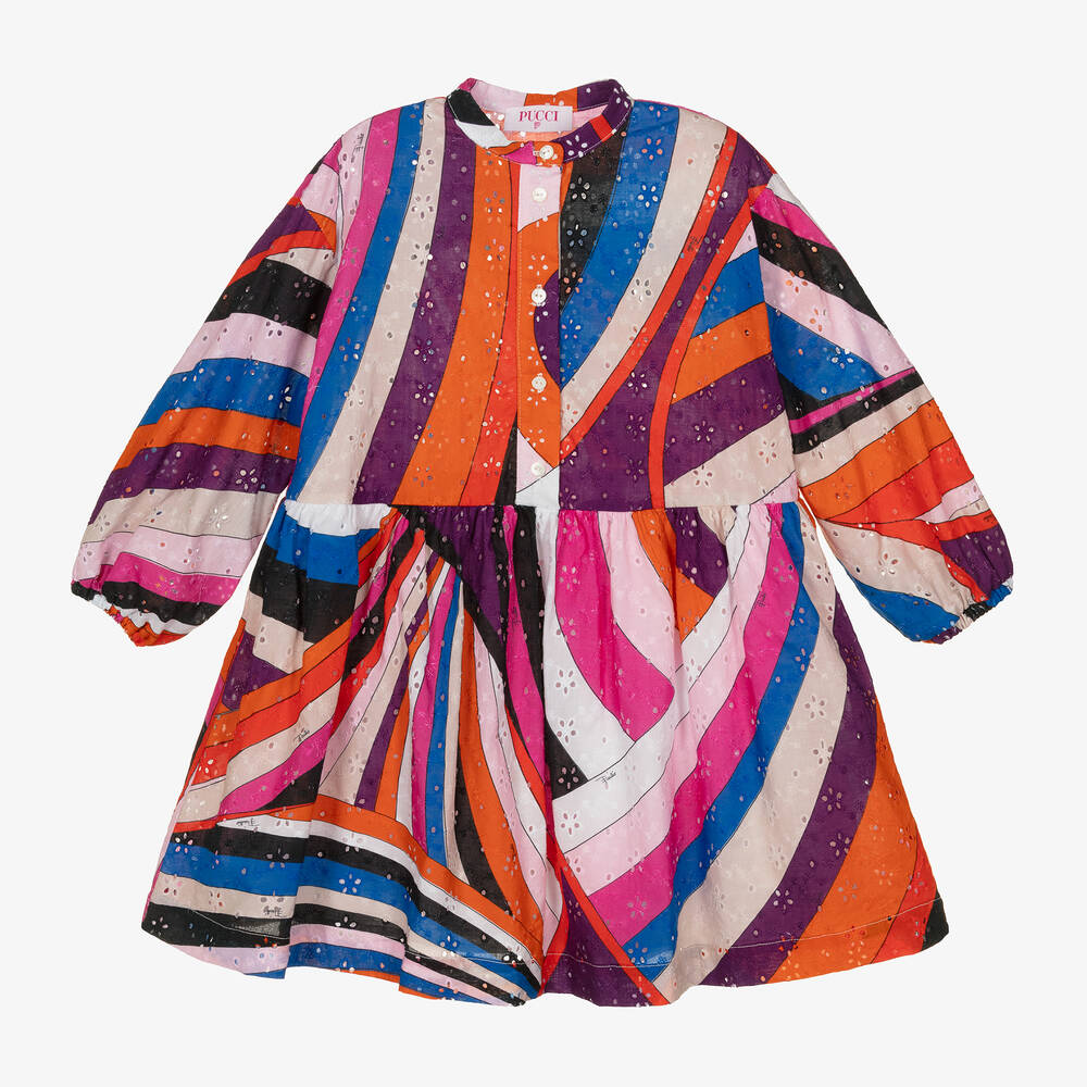 PUCCI - Розовое платье с вышивкой английской гладью и принтом Iride | Childrensalon