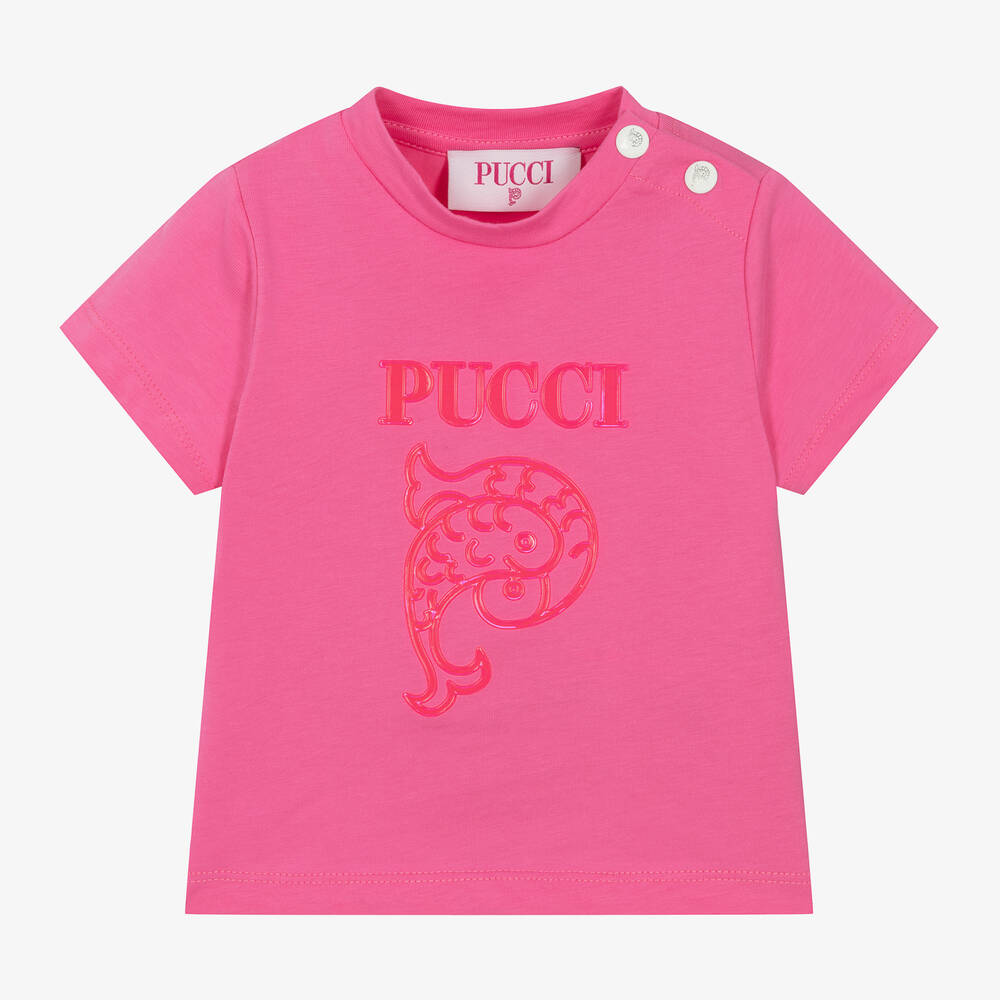 PUCCI - Girls Pink Cotton Fish Motif T-Shirt | Childrensalon