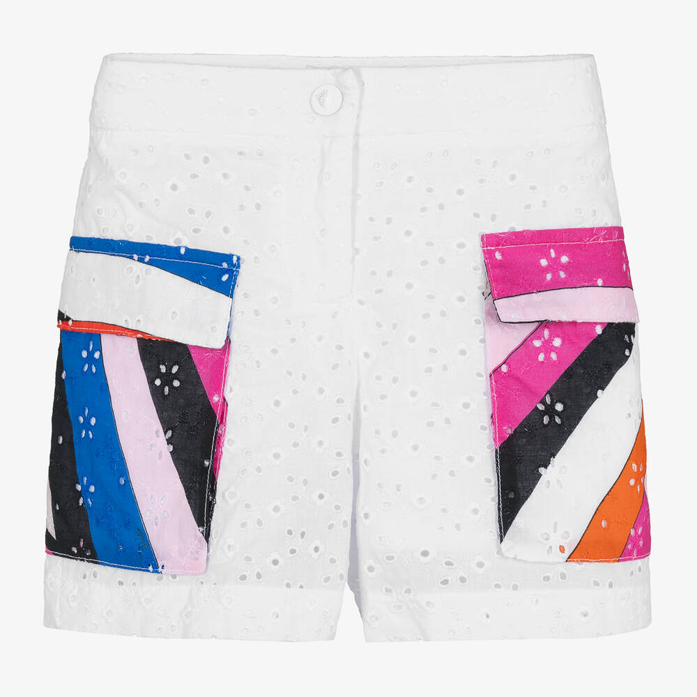 PUCCI - Girls White Broderie Anglaise Cotton Shorts | Childrensalon