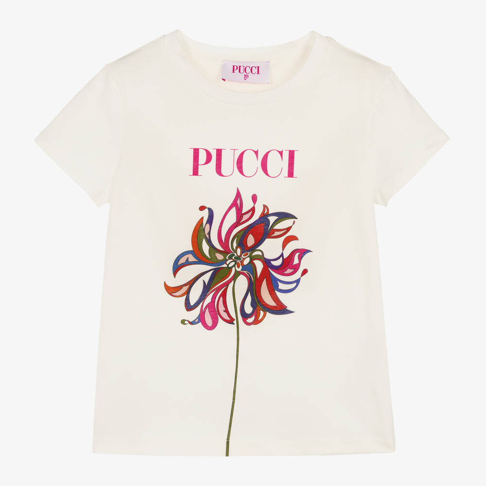 PUCCI - Girls White Cotton Dahlia T-Shirt | Childrensalon