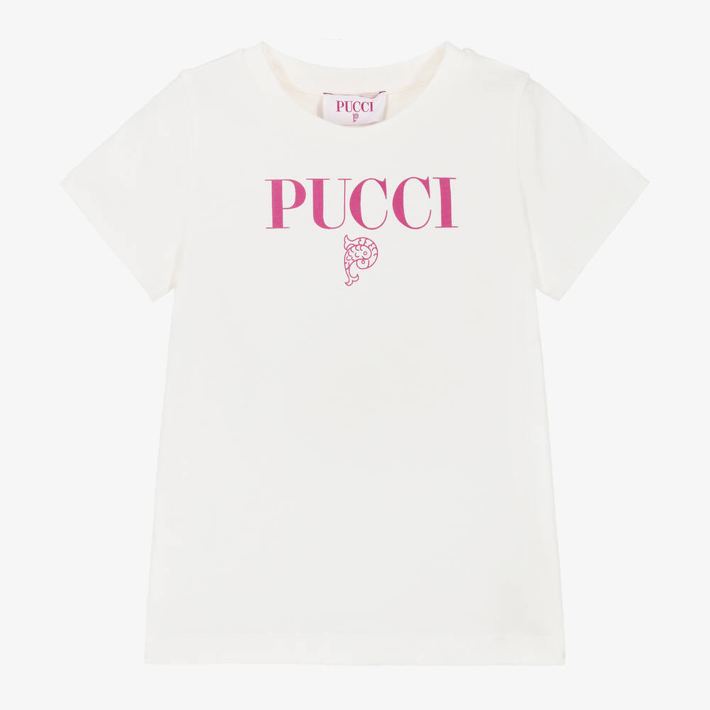 PUCCI - Girls White Cotton T-Shirt | Childrensalon