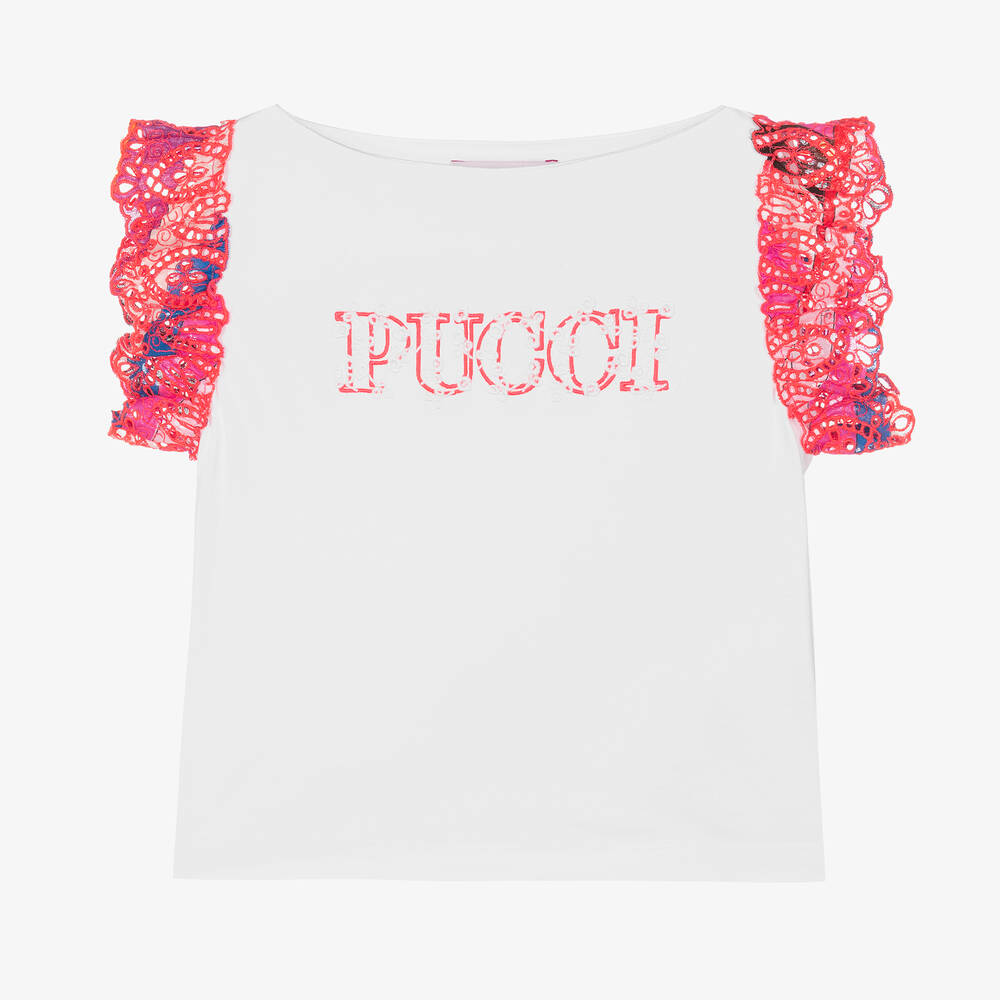 PUCCI - Girls White Organic Cotton Onde T-Shirt | Childrensalon