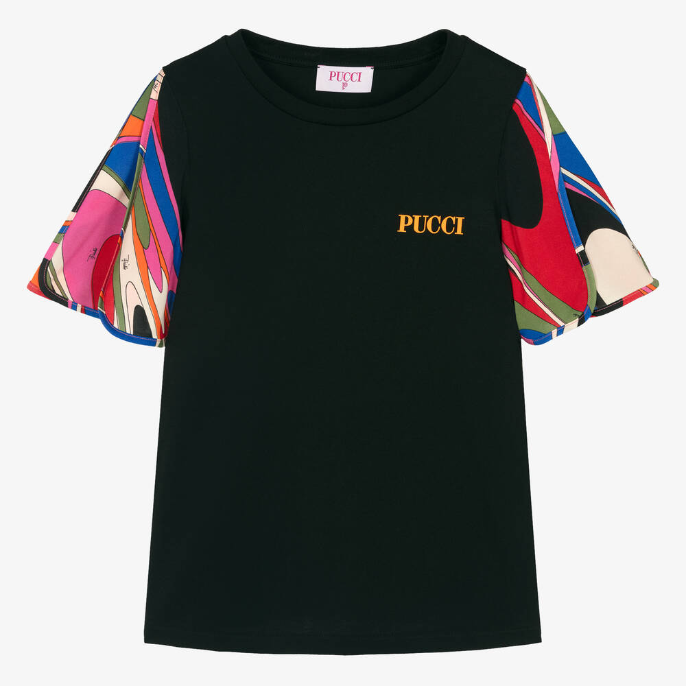 PUCCI - Teen Girls Black Cotton Onde Print T-Shirt | Childrensalon
