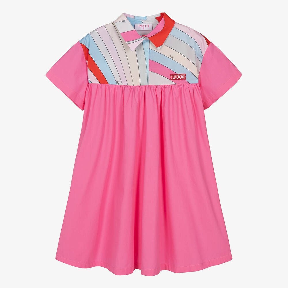 PUCCI - فستان قطن عضوي لون زهري بطبعة ملونة للمراهقات | Childrensalon