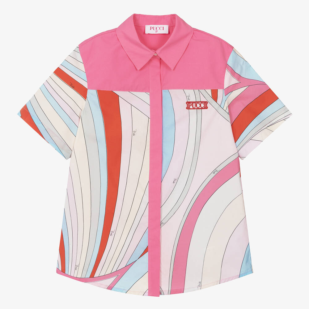 PUCCI - Розовая хлопковая рубашка с принтом Iride для девочек-подростков | Childrensalon