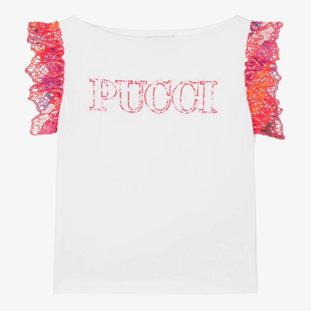 PUCCI - Teen Girls White Organic Cotton Onde T-Shirt | Childrensalon