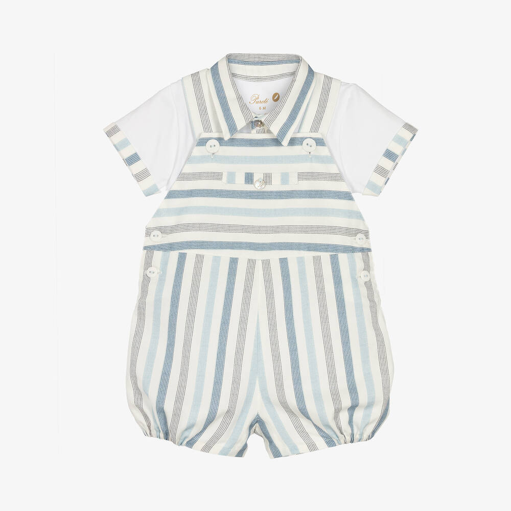 Pureté Du... Bébé - Baby Boys Blue Stripe Cotton Dungaree Set | Childrensalon