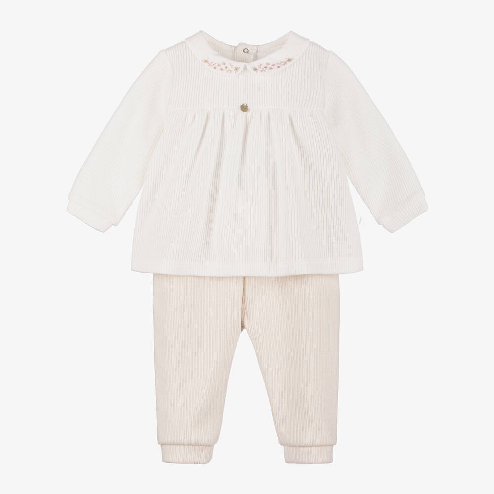 Pureté Du... Bébé - Baby Girls Beige Ribbed Cotton Trouser Set | Childrensalon