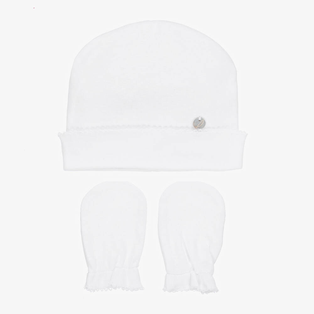 Pureté Du... Bébé - Baby White Cotton Hat & Mittens Set | Childrensalon