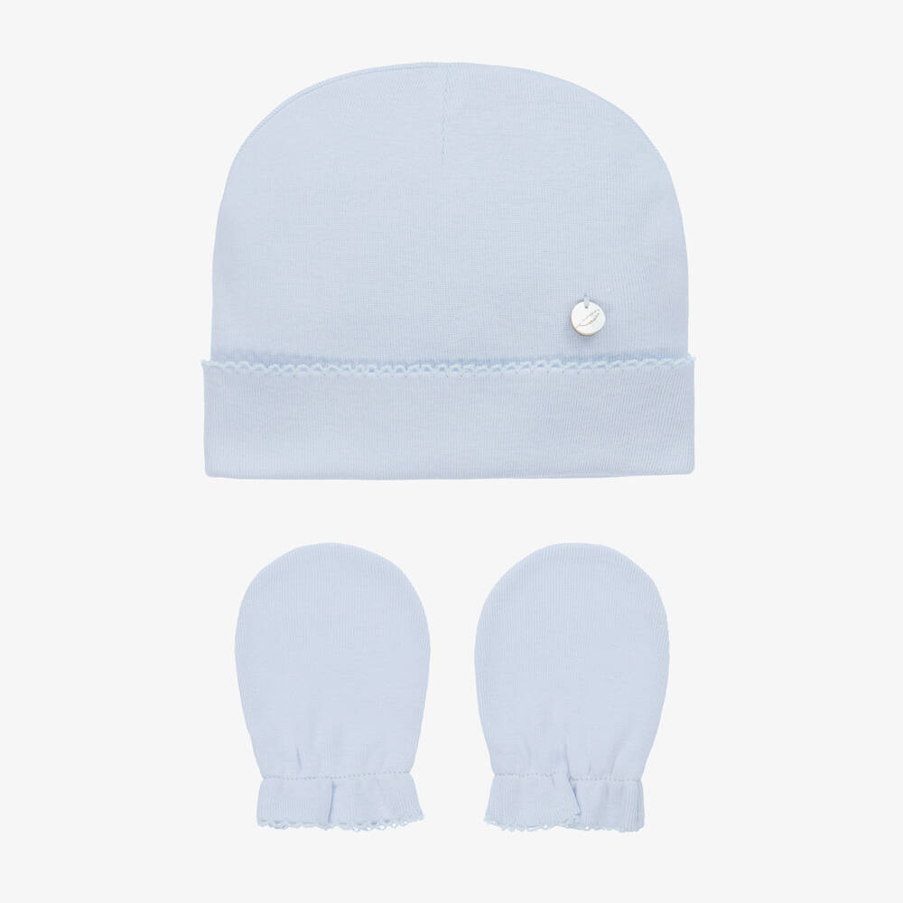Pureté Du... Bébé - Blue Cotton Hat & Mittens Set | Childrensalon
