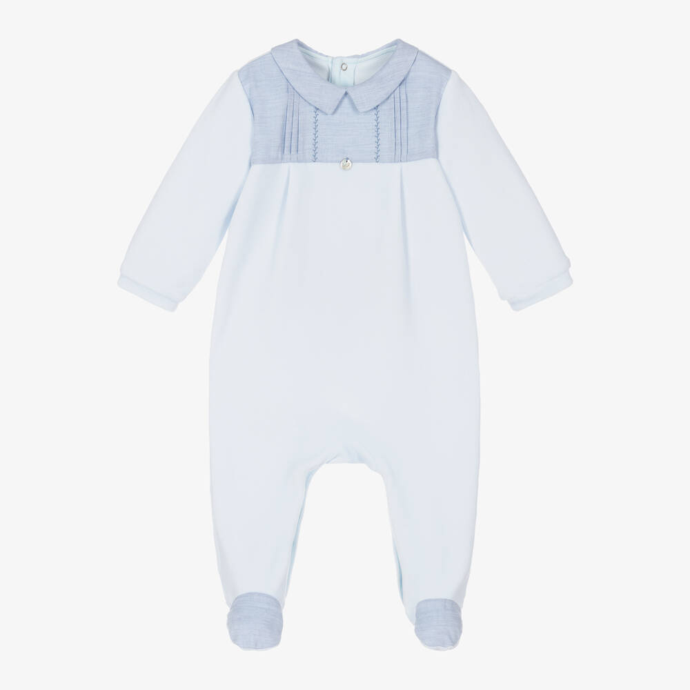 Pureté Du... Bébé - Boys Blue Velour & Chambray Babygrow | Childrensalon