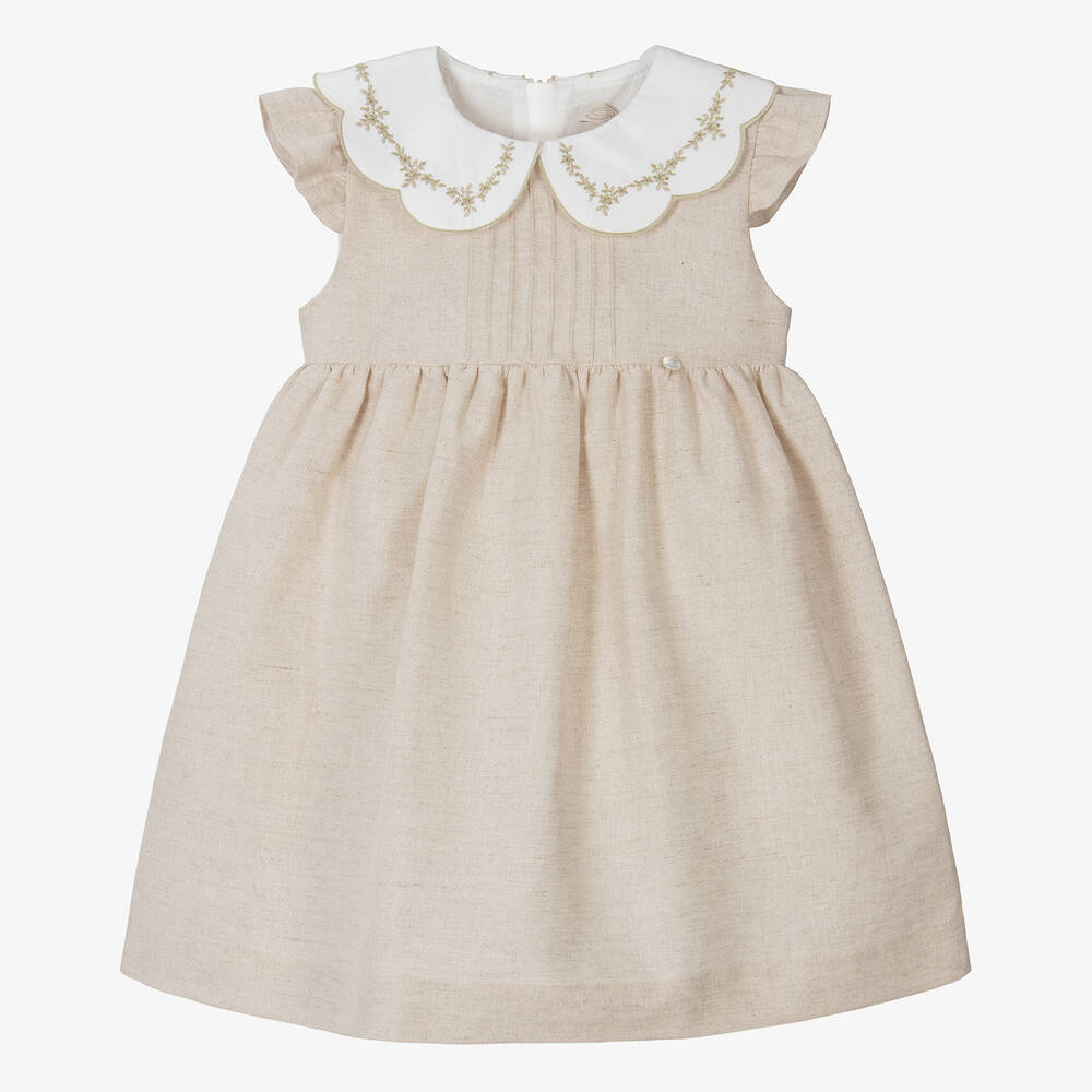 Pureté Du... Bébé - Girls Beige Embroidered Linen Dress | Childrensalon