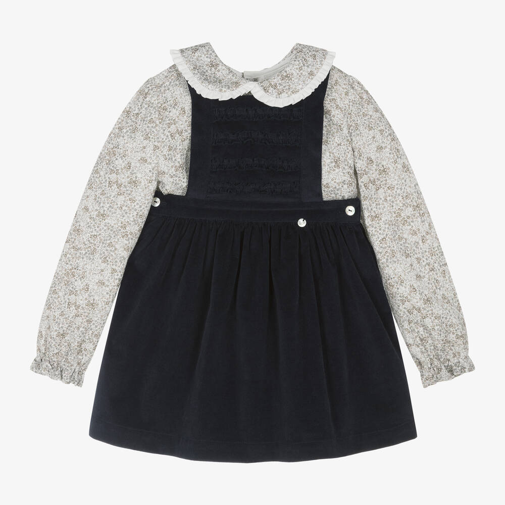 Pureté Du... Bébé - Girls Blue Corduroy Pinafore Dress Set | Childrensalon