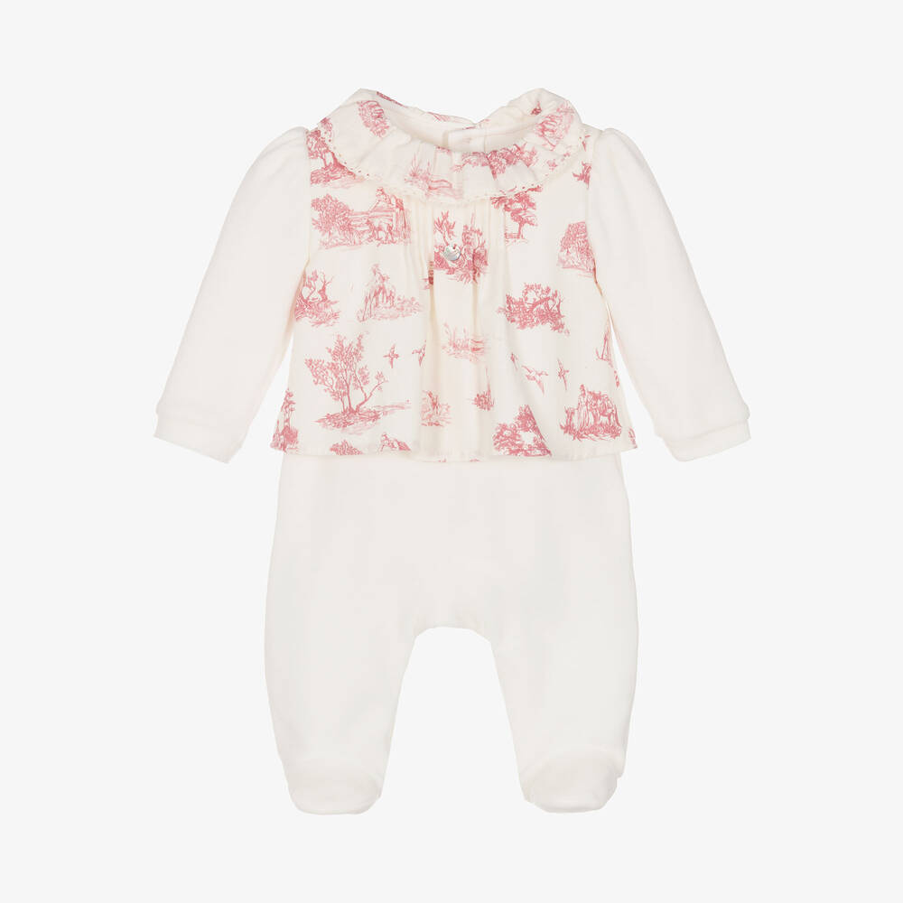 Pureté Du... Bébé - Girls Ivory Toile de Jouy Velour Babygrow | Childrensalon