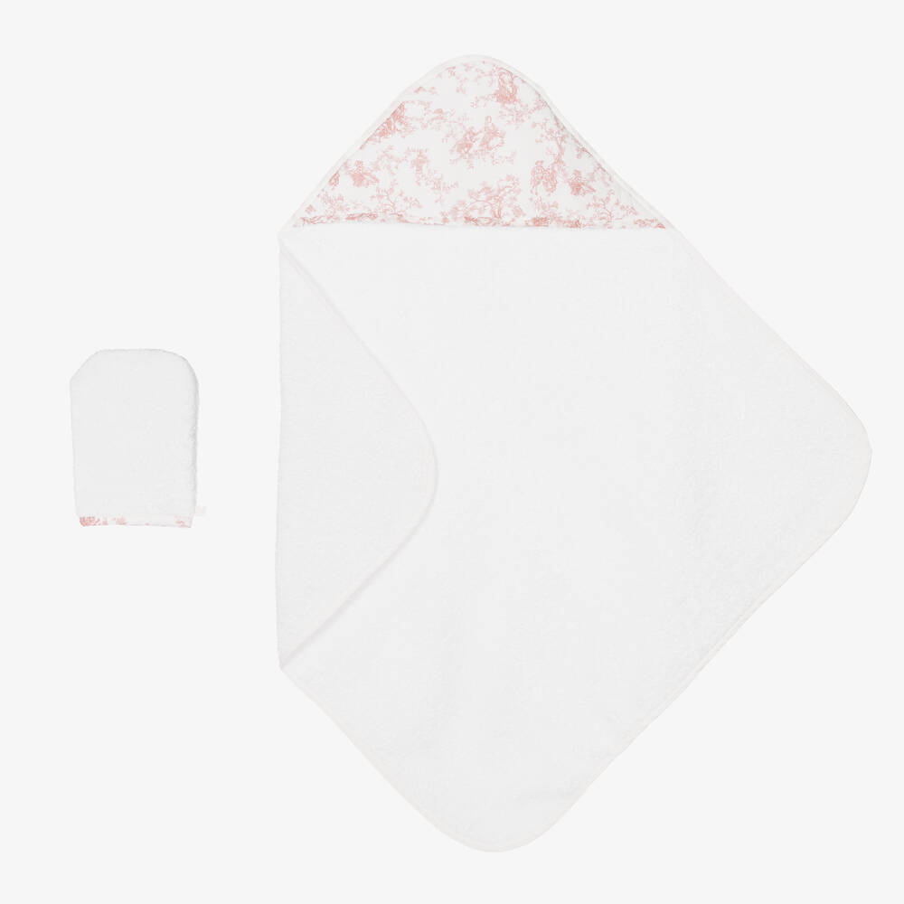 Pureté Du... Bébé - White & Pink Hooded Towel & Mitt Set | Childrensalon