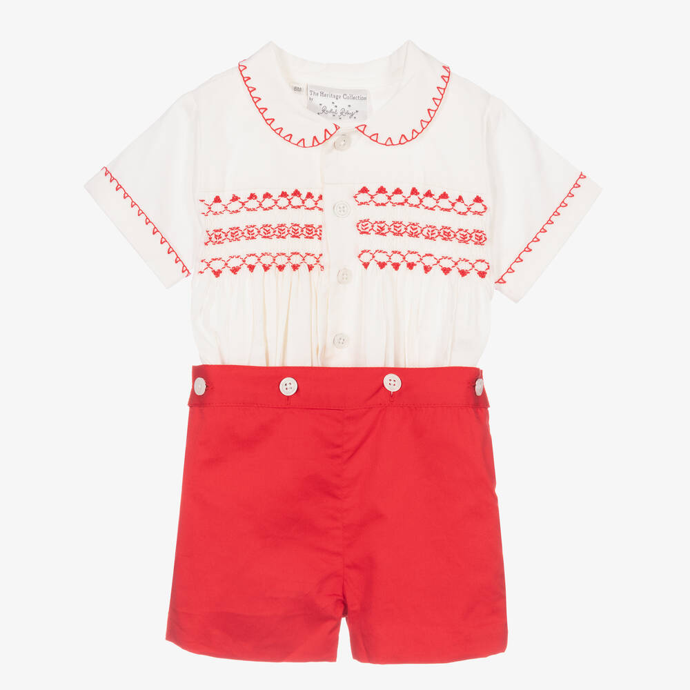 Rachel Riley - Baby Boys Red Smocked Buster Suit | Childrensalon