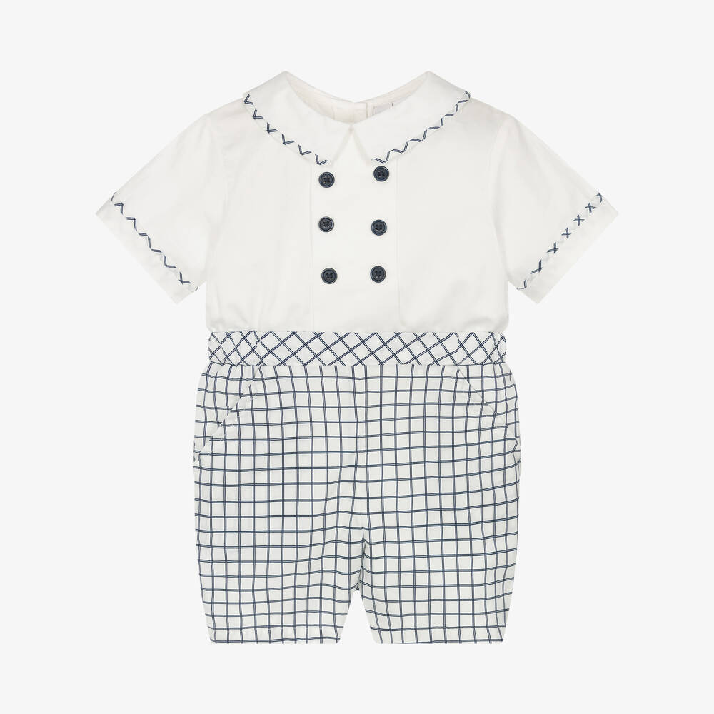 Rachel Riley - Baby Boys White & Blue Cotton Shortie | Childrensalon