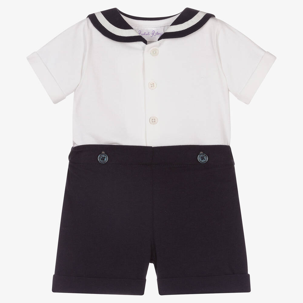 Rachel Riley - Baby Boys White & Blue Sailor Buster Suit | Childrensalon