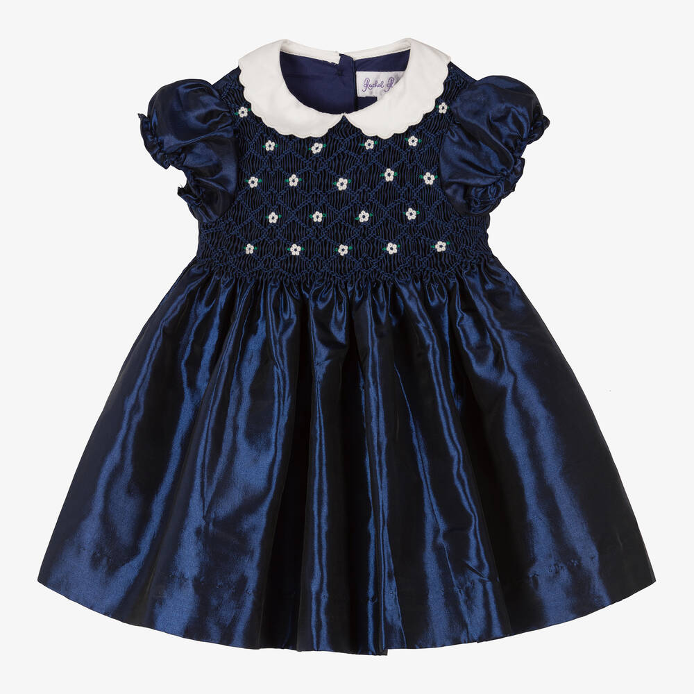Rachel Riley - Baby Girls Blue Hand-Smocked Satin Dress | Childrensalon
