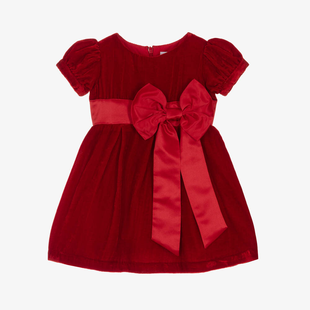 Rachel Riley - Baby Girls Red Crushed Velvet Bow Dress | Childrensalon