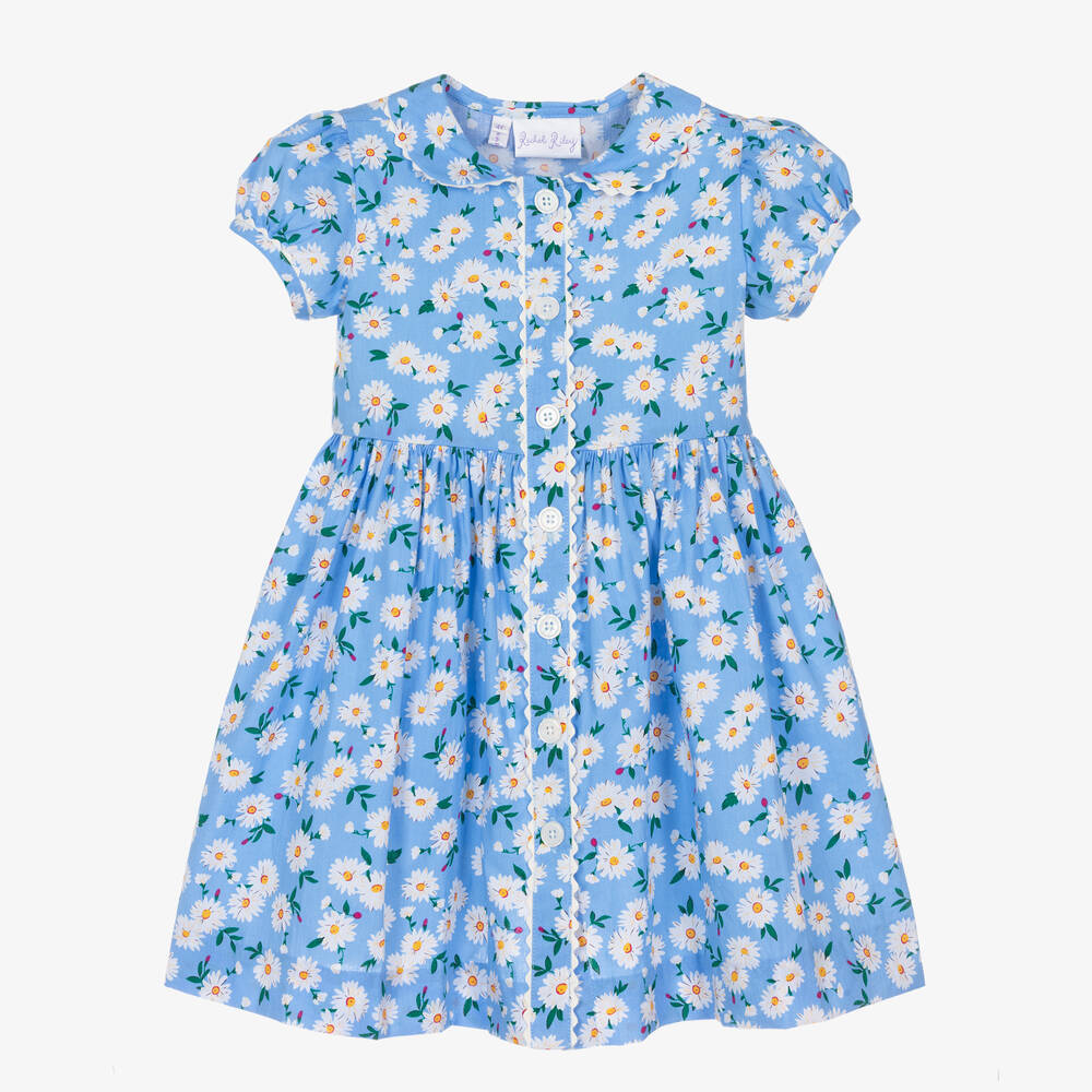 Rachel Riley - Girls Blue Cotton Daisy Print Dress | Childrensalon